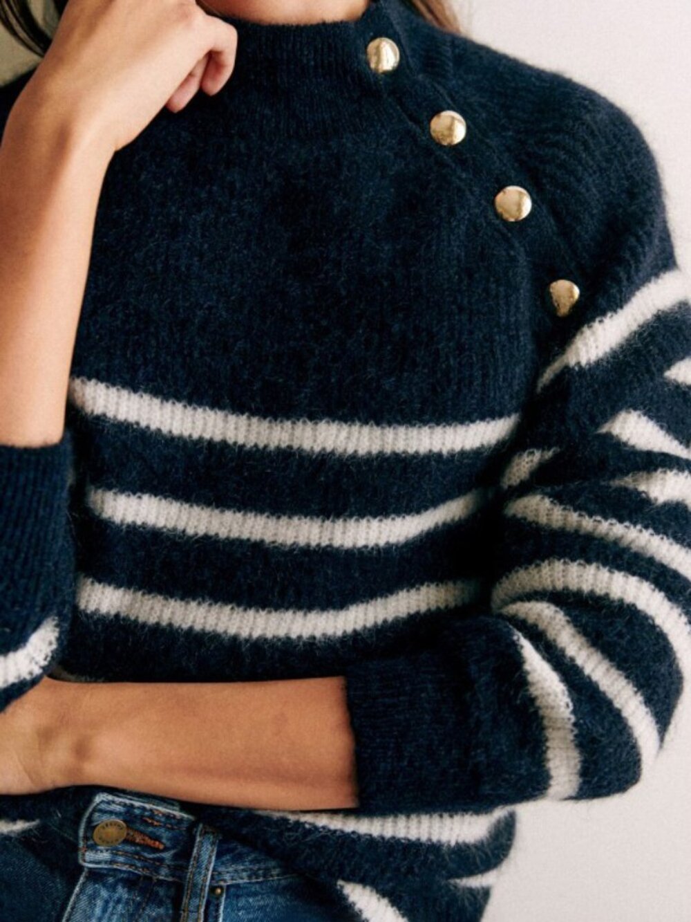 EUC Sezane Trudy Wool Mohair Button Detail Sweater Navy Ecru Medium